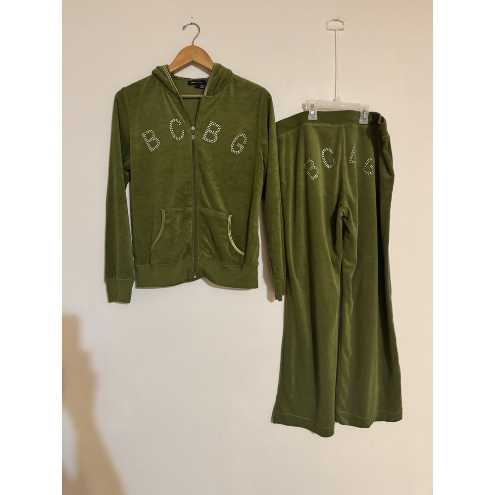 BCBG MaxAzaria Size L Green Velour Track Jacket Zip Hood Bling Set Pants Vtg Y2K
